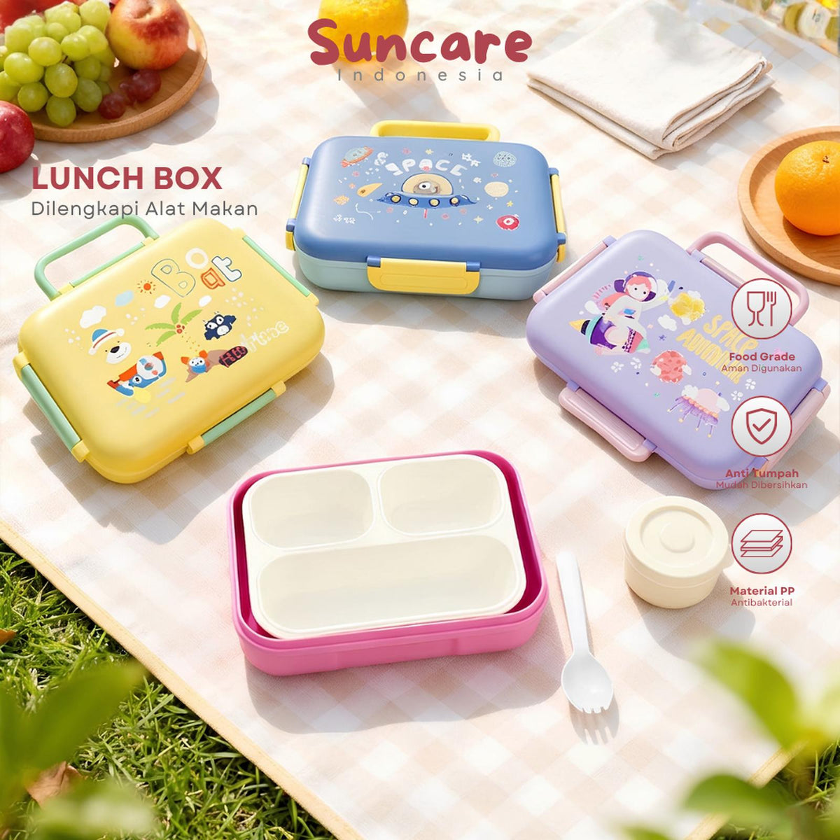 Hibobi Kids 3-Compartment Portable Lunch Box with Handle & Cutlery