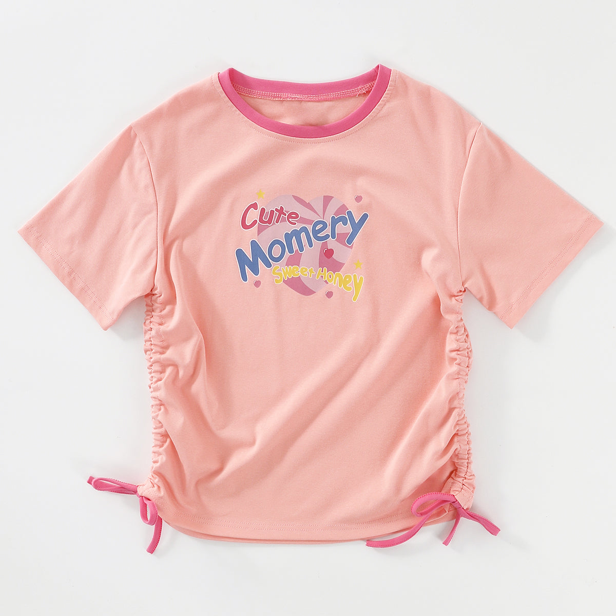 Sweet Style Letter Print Ruched Short Sleeve T-Shirt