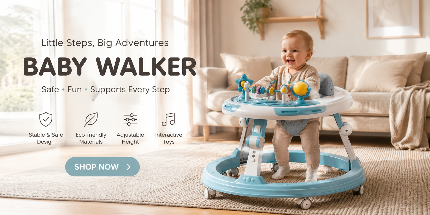 Baby walker for toddlers with adjustable height, interactive toys and safe design in a cozy home environment
مشاية أطفال قابلة لتعديل الارتفاع مع ألعاب تفاعلية تساعد الطفل على تعلم المشي بأمان