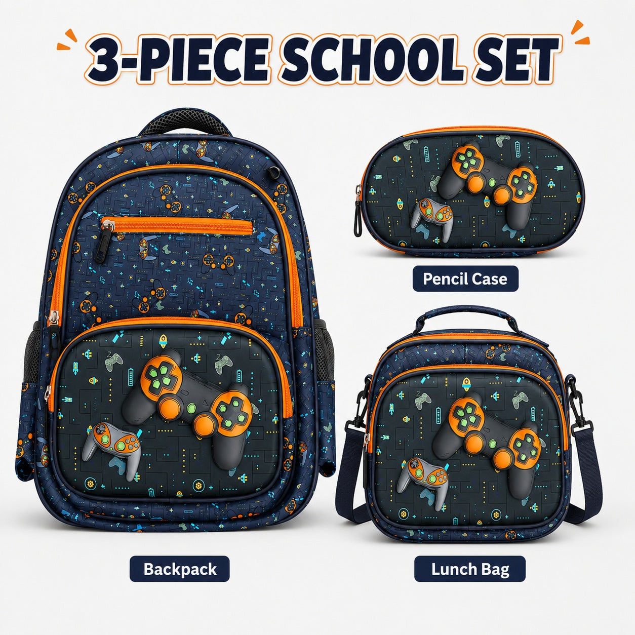 Hibobi Gaming Backpack Set for Boys, 3-Piece School Bag Set with Backpack, Lunch Bag and Pencil Case - image 4