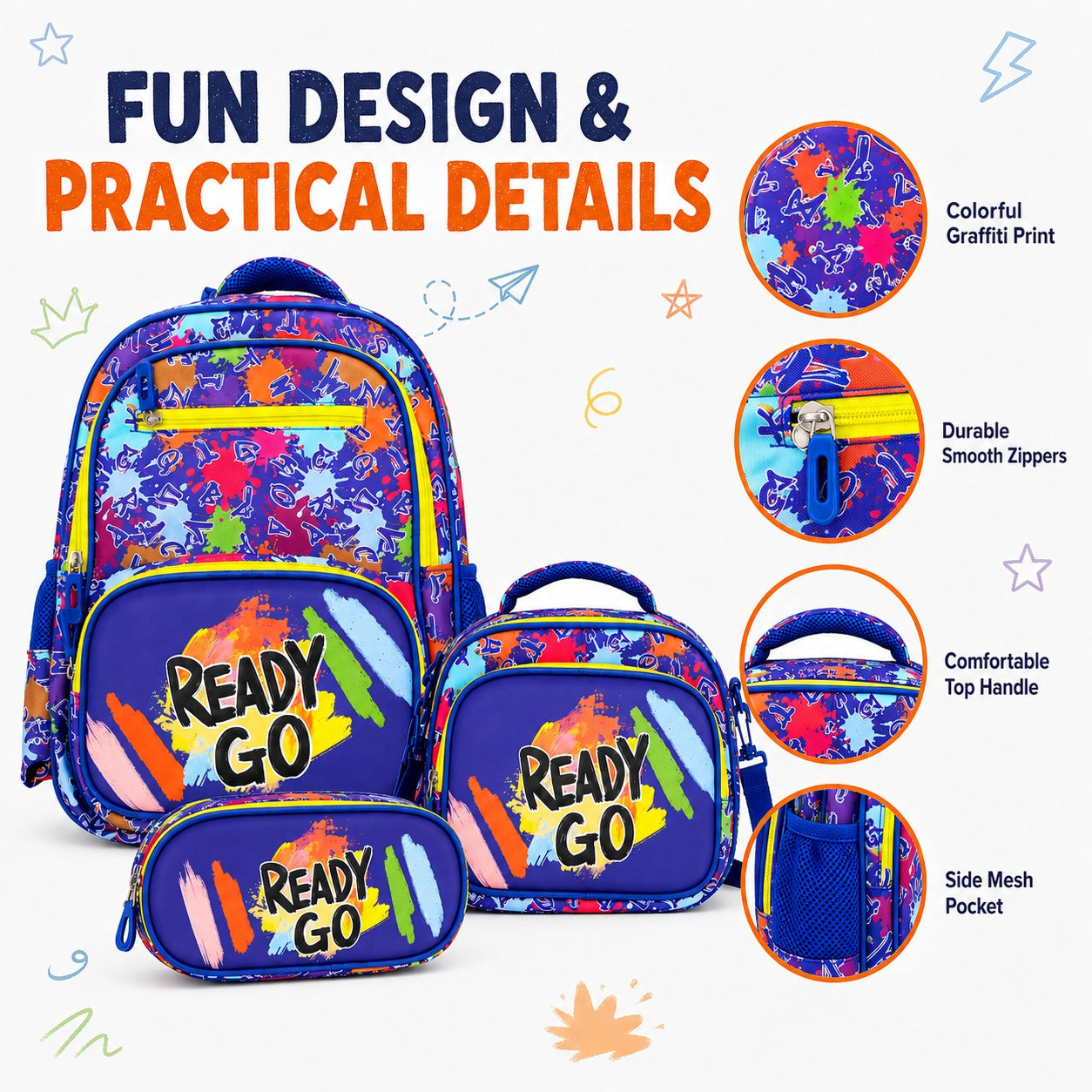 Hibobi Colorful Backpack Set, 3-Piece School Bag Set with Backpack, Lunch Bag and Pencil Case - image 4