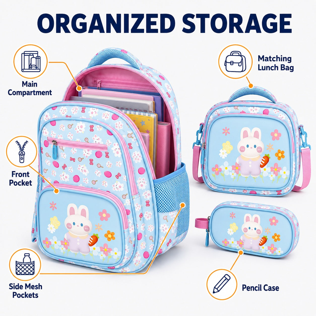 Hibobi Bunny Backpack Set for Girls, 3-Piece School Bag Set with Backpack, Lunch Bag and Pencil Case - image 3