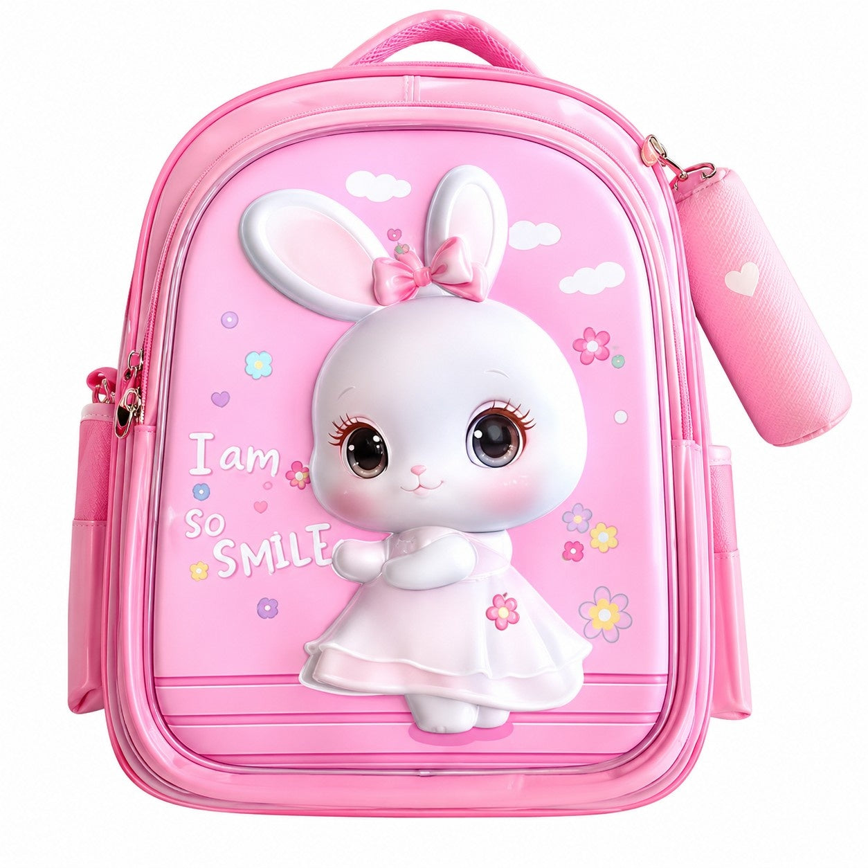 Hibobi Kids School Backpack with Matching Pencil Case, Cartoon Design and Multiple Compartments - Bunny - Pink