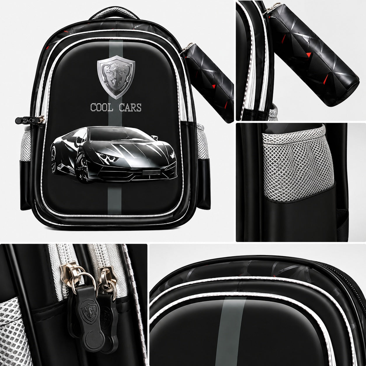 Hibobi Kids School Backpack with Matching Pencil Case, Cartoon Design and Multiple Compartments - Sports Car - Black