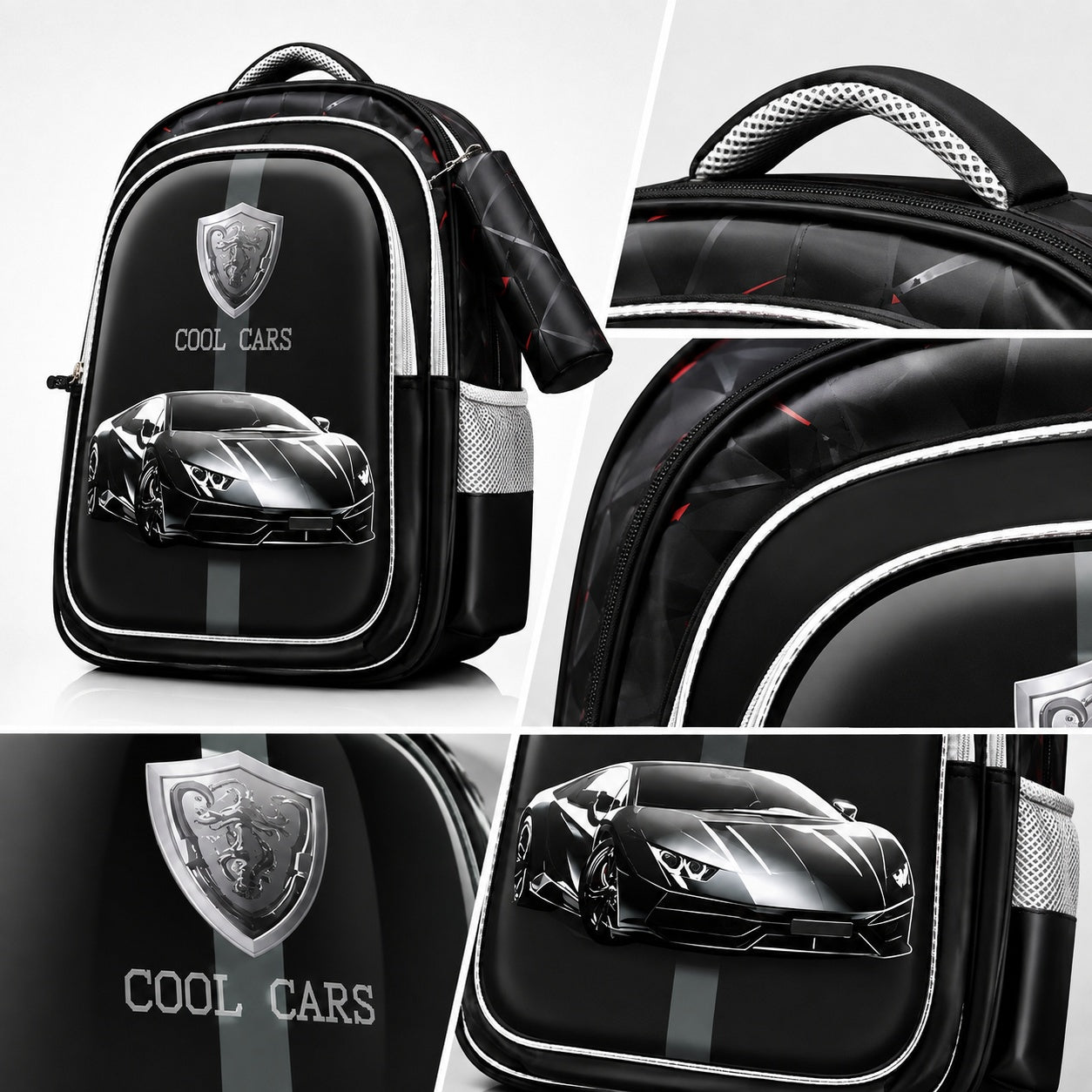 Hibobi Kids School Backpack with Matching Pencil Case, Cartoon Design and Multiple Compartments - Sports Car - Black