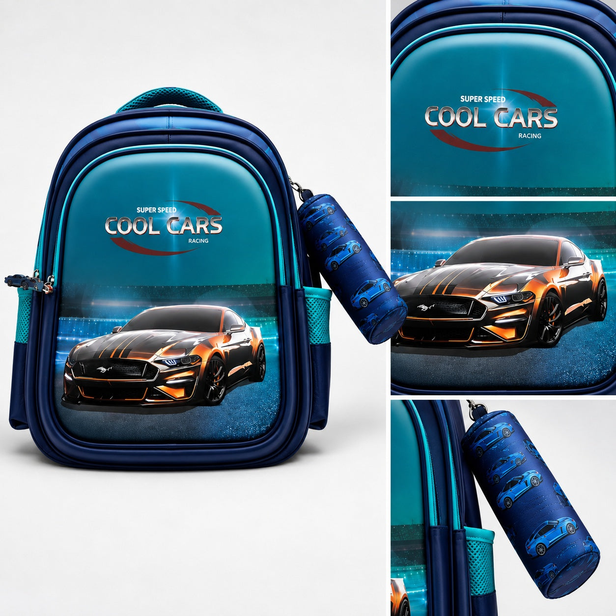 Hibobi Kids School Backpack with Matching Pencil Case, Cartoon Design and Multiple Compartments - Racing Car - Blue