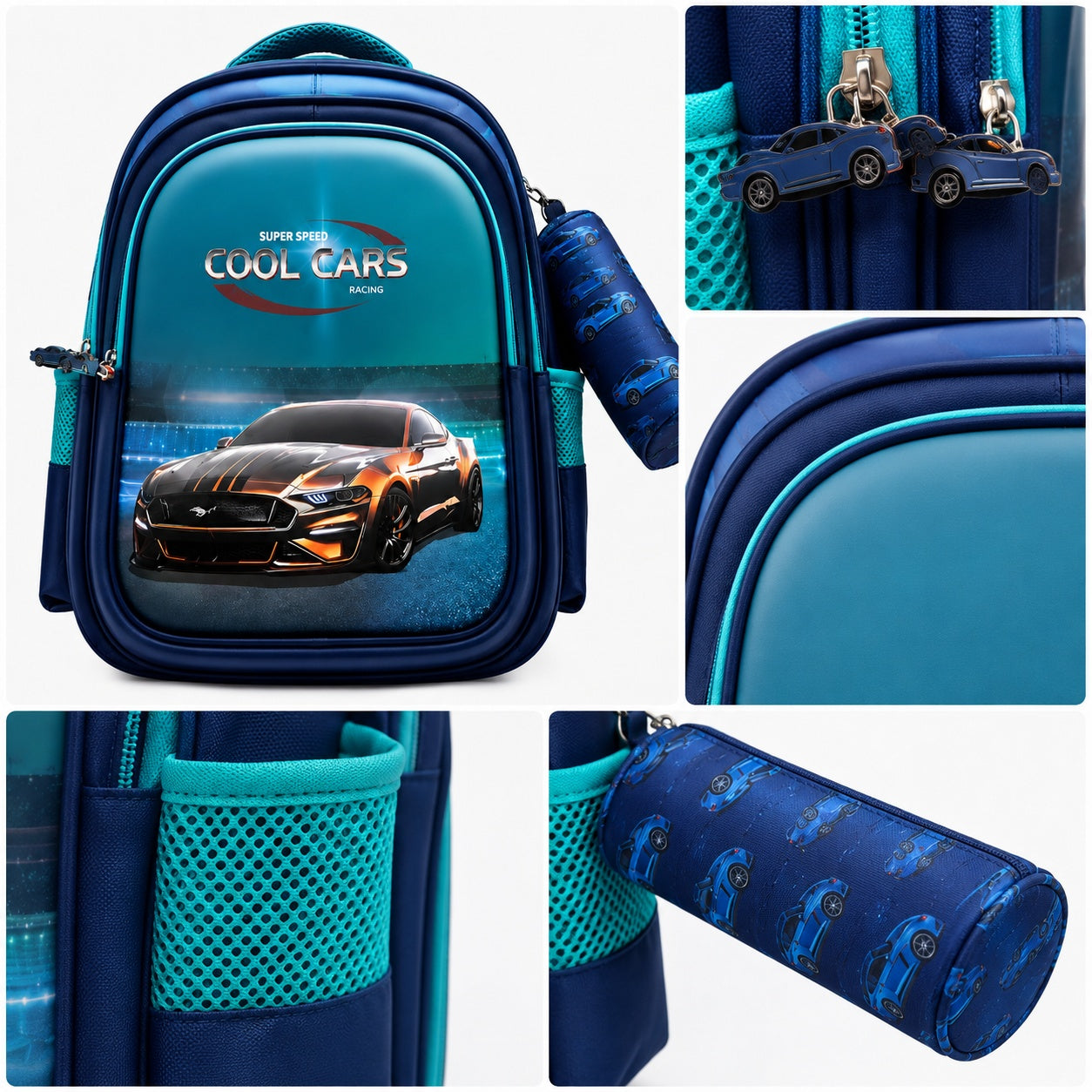 Hibobi Kids School Backpack with Matching Pencil Case, Cartoon Design and Multiple Compartments - Racing Car - Blue