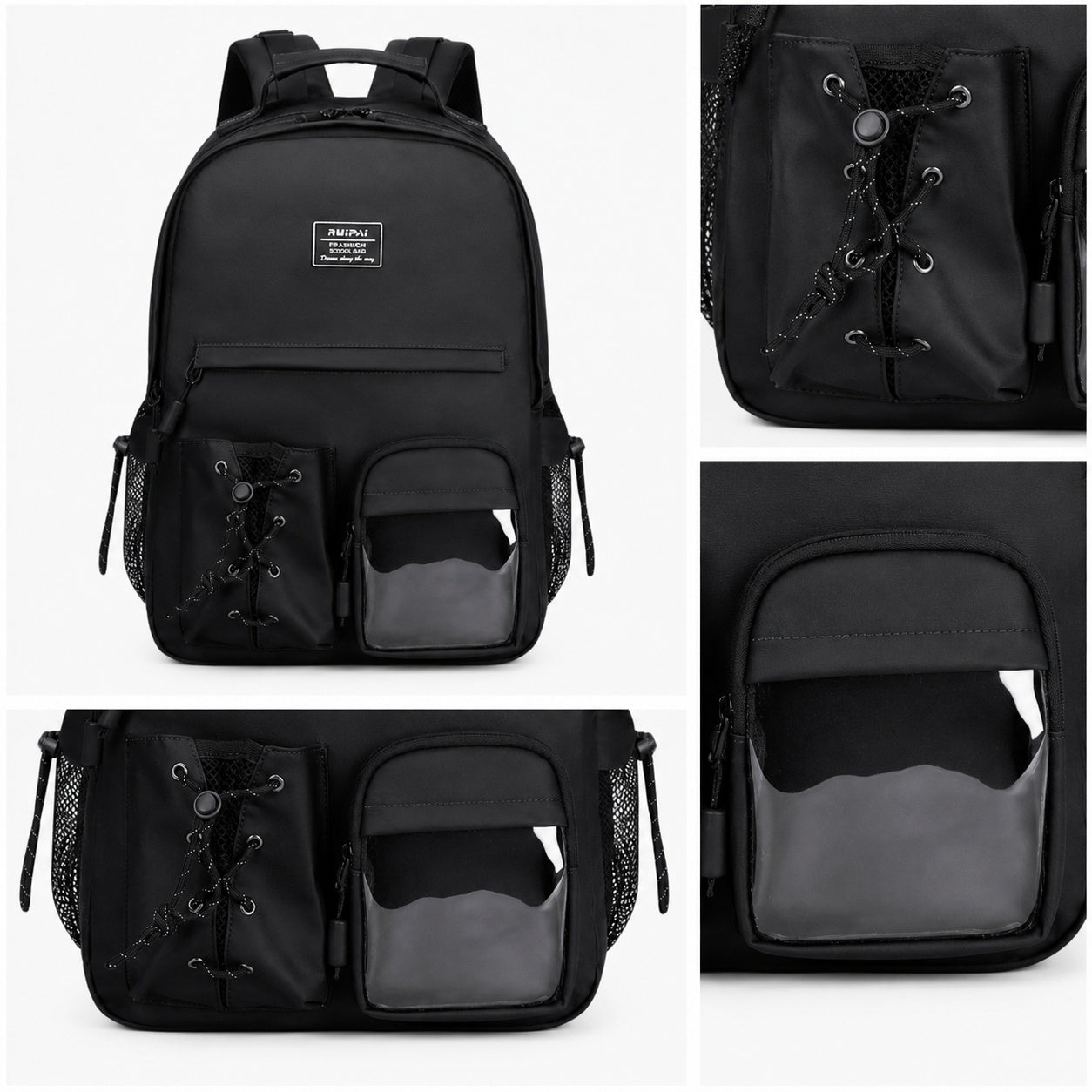 Hibobi Black School Backpack, Multi-Pocket Backpack with Side Mesh Pockets - image 3