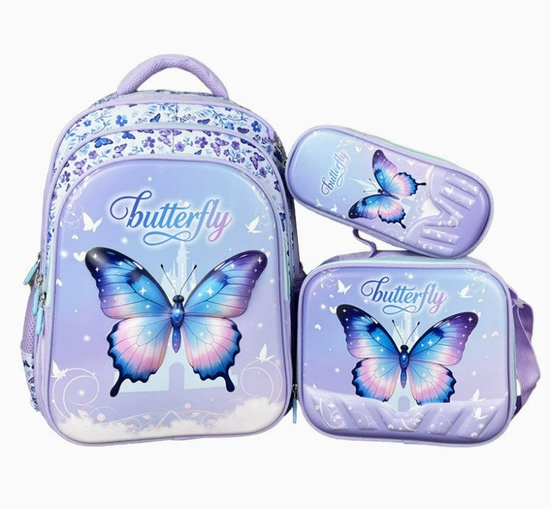 Hibobi Butterfly Backpack Set for Girls, 3-Piece School Bag Set with Backpack, Lunch Bag and Pencil Case - Purple