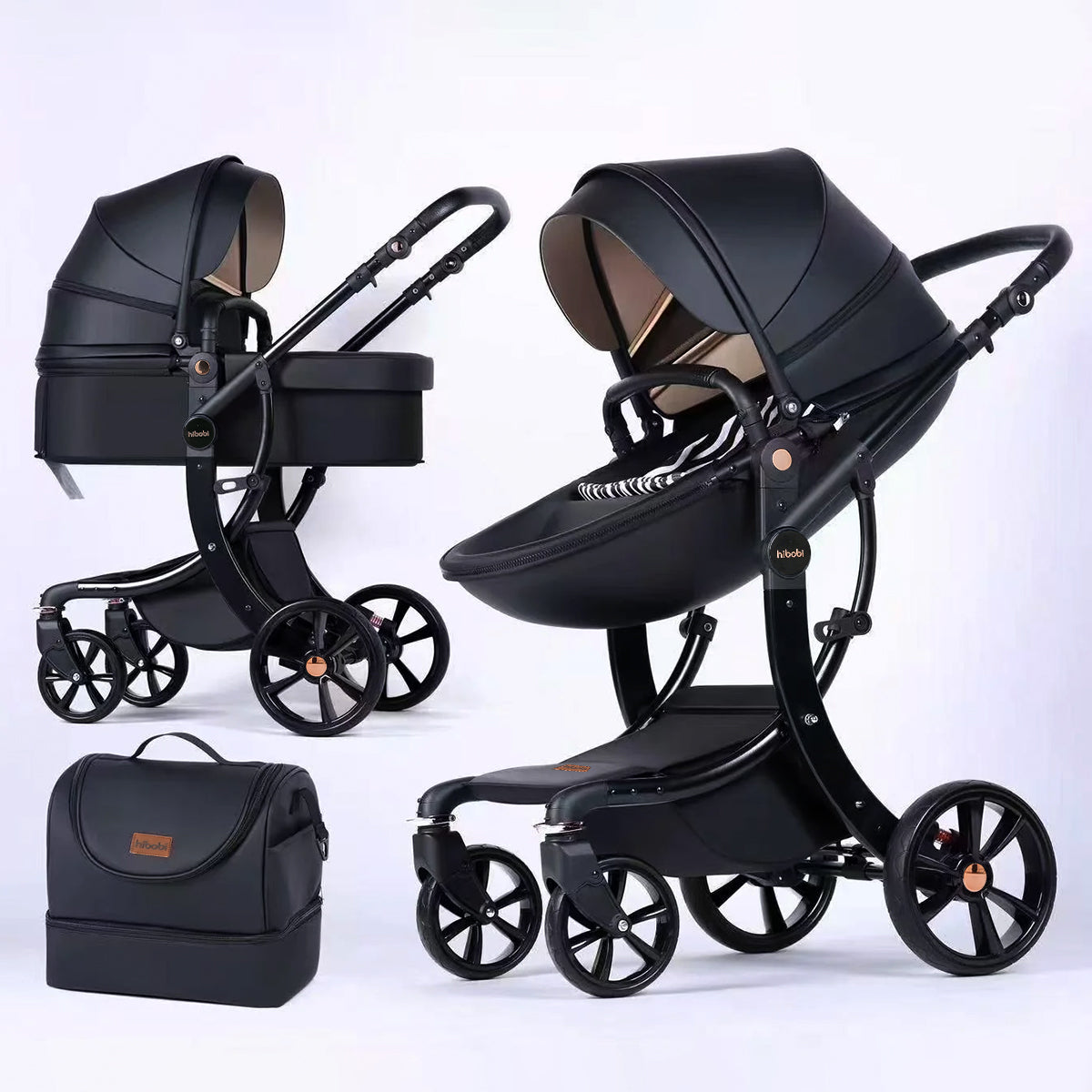 High-View Foldable Baby Stroller | Luxury Leather Baby Pram & Bassinet – Hibobi