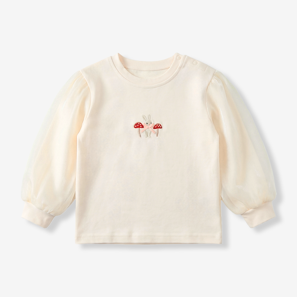 Cream Embroidered Mushroom Puff Sleeve Top | Elegant Toddler Sweatshirt (12M–4Y)