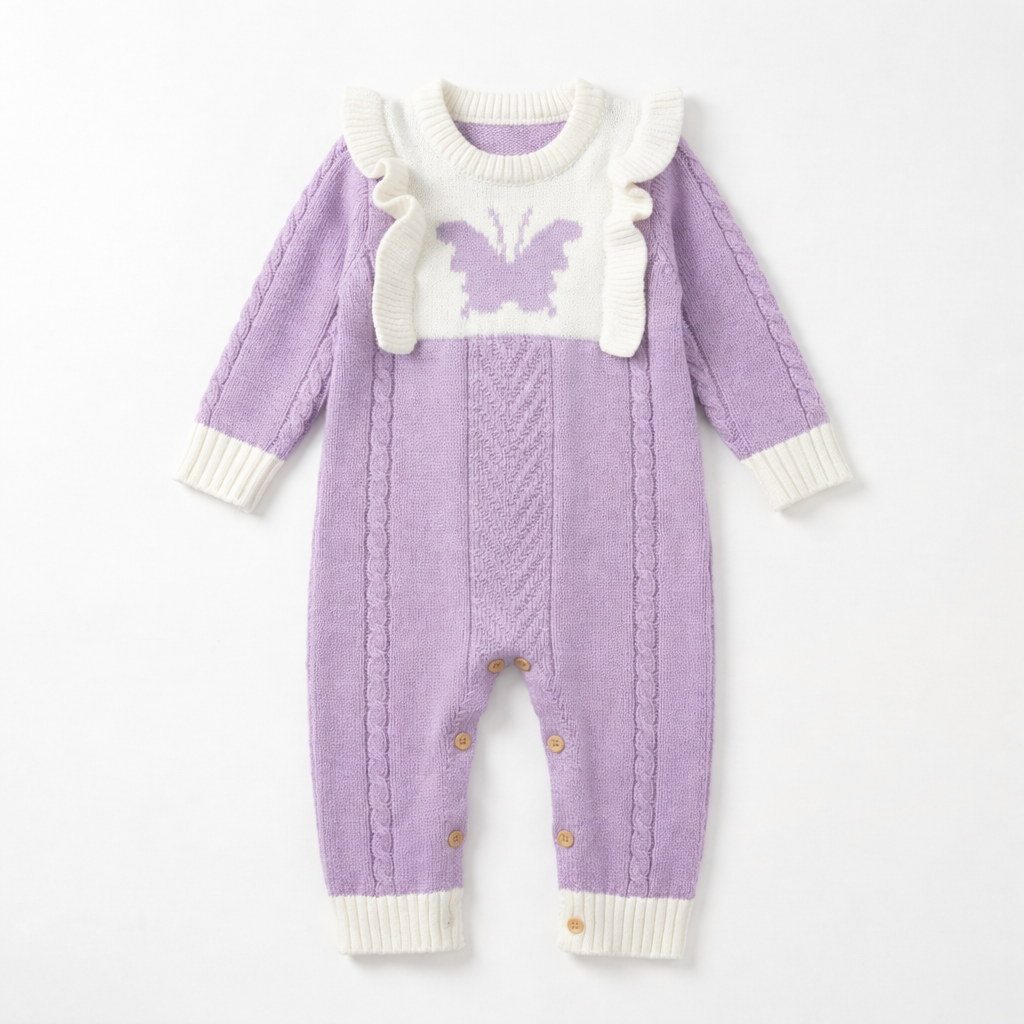 Sweet Butterfly Knitted Baby Girl Romper - Long Sleeve Ruffle Jumpsuit, Purple