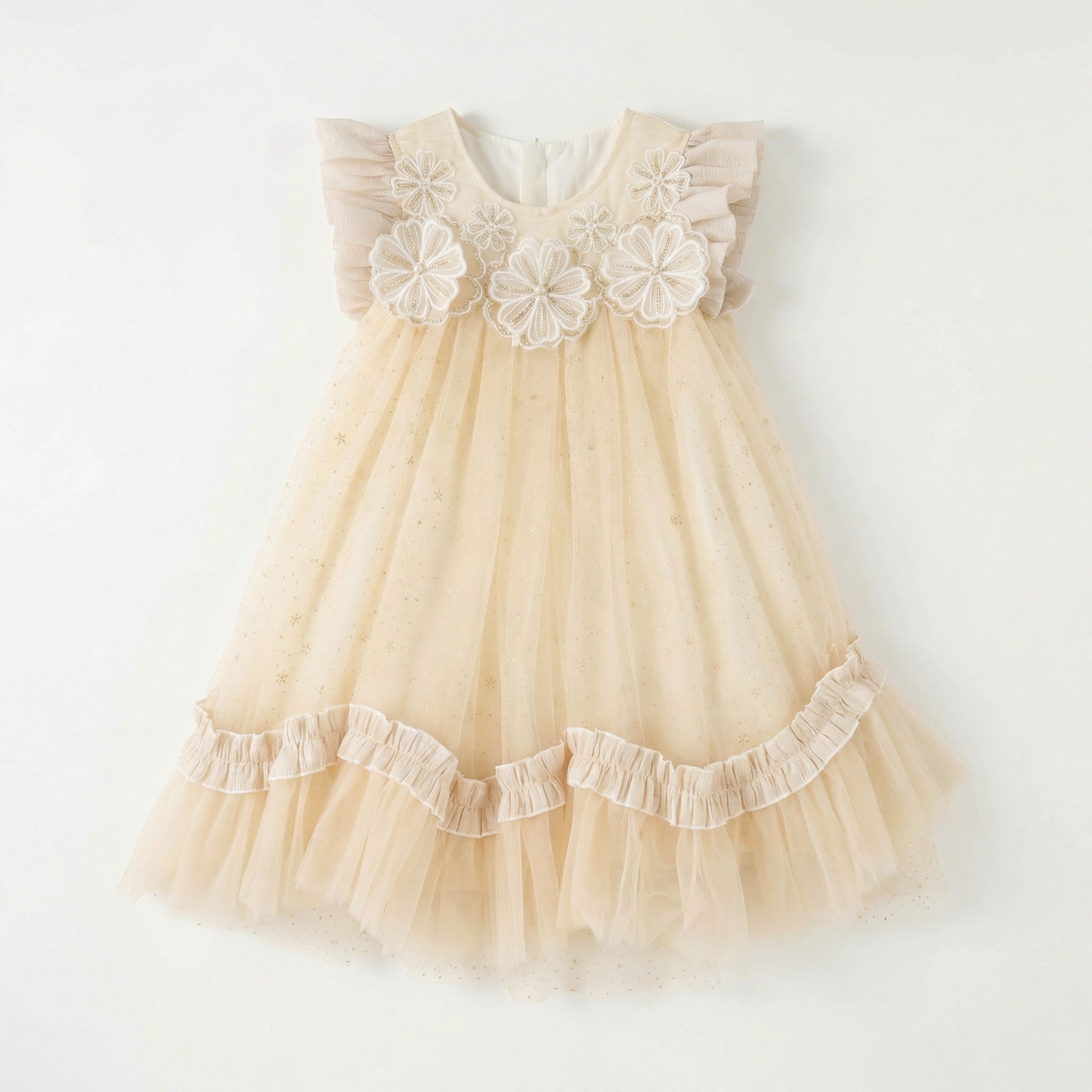 Flutter Sleeve 3D Floral Tulle Puffy Dress For Party Girl
