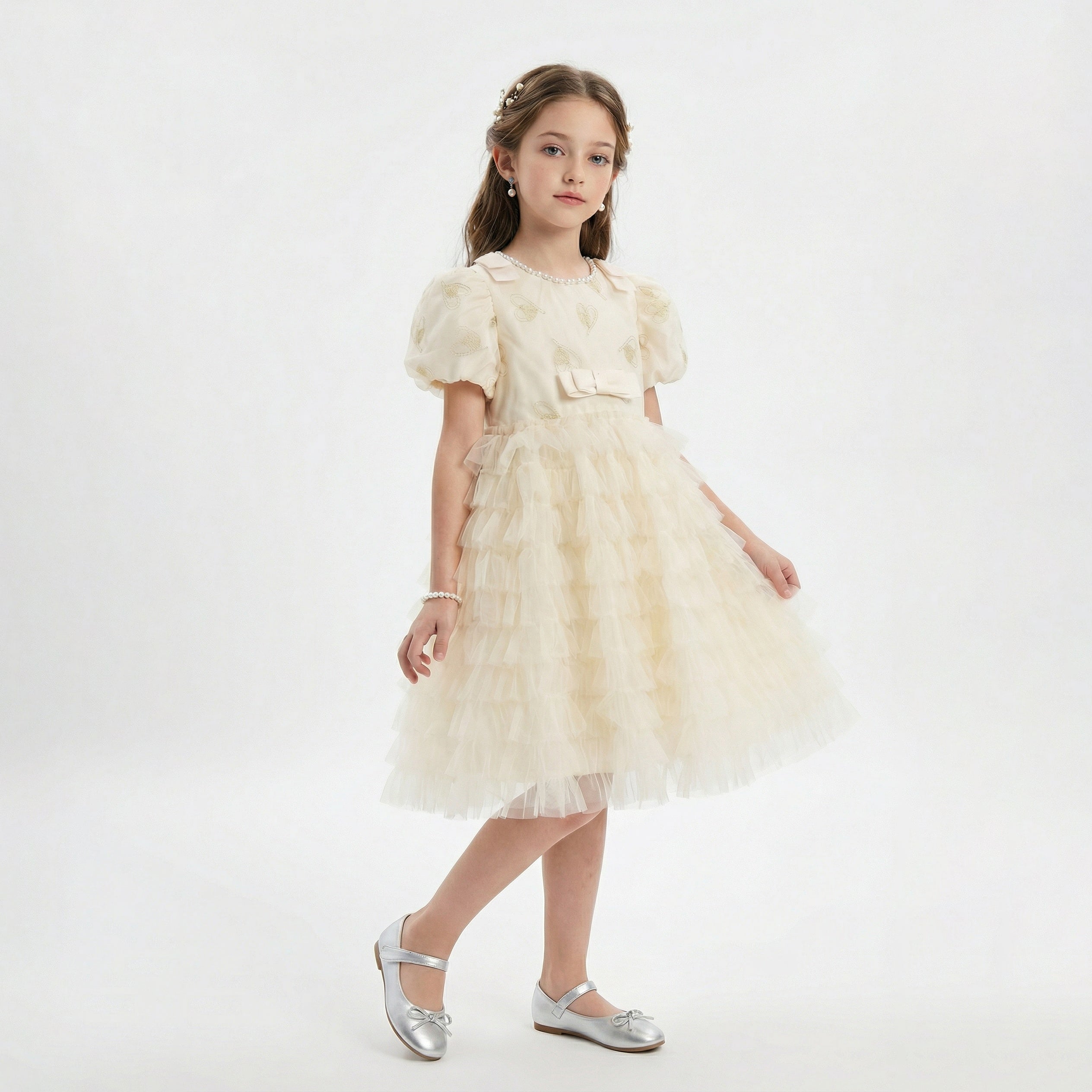 Heart Embroidery Tulle Tiered Dress For Party Girl
