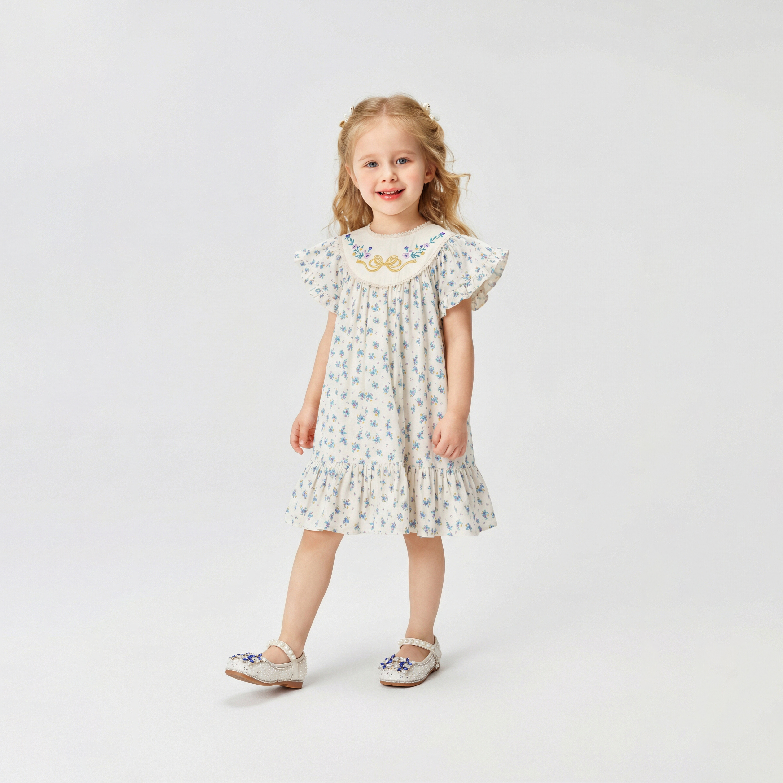 Flutter Sleeve Bow Embroidery French Dress Girl