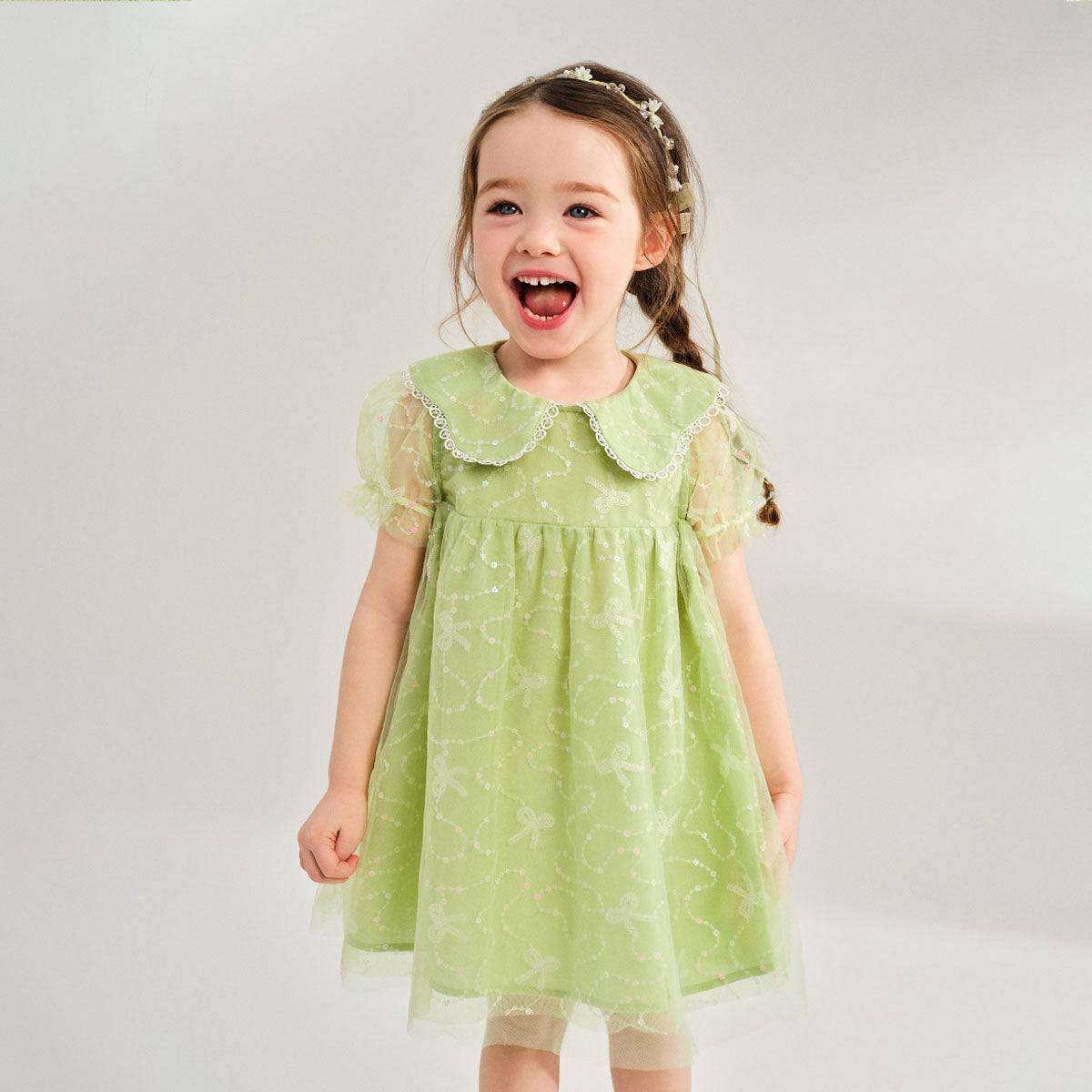 Sweet Lace Trim Tulle Peter Pan Collar Dress Green Girl