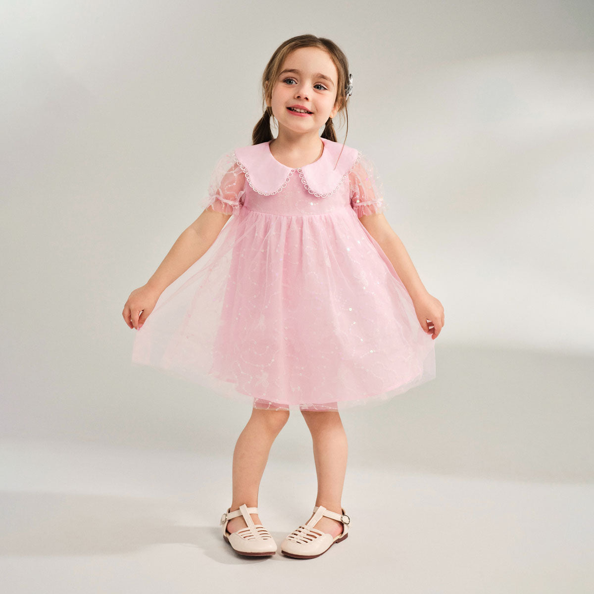 Sweet Lace Trim Tulle Peter Pan Collar Dress Pink Girl