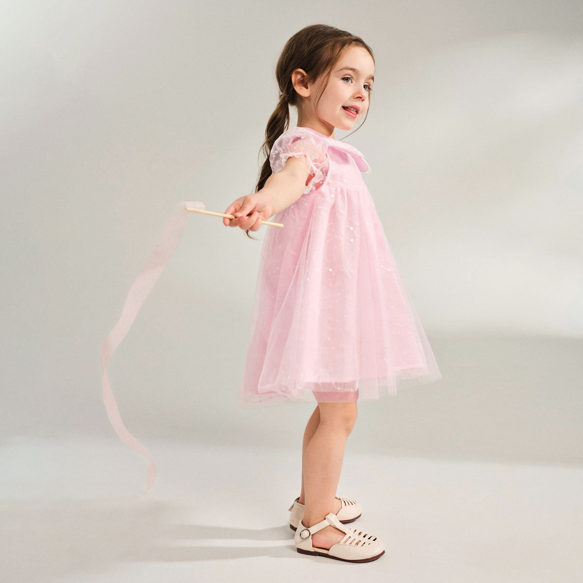 Sweet Lace Trim Tulle Peter Pan Collar Dress Pink Girl