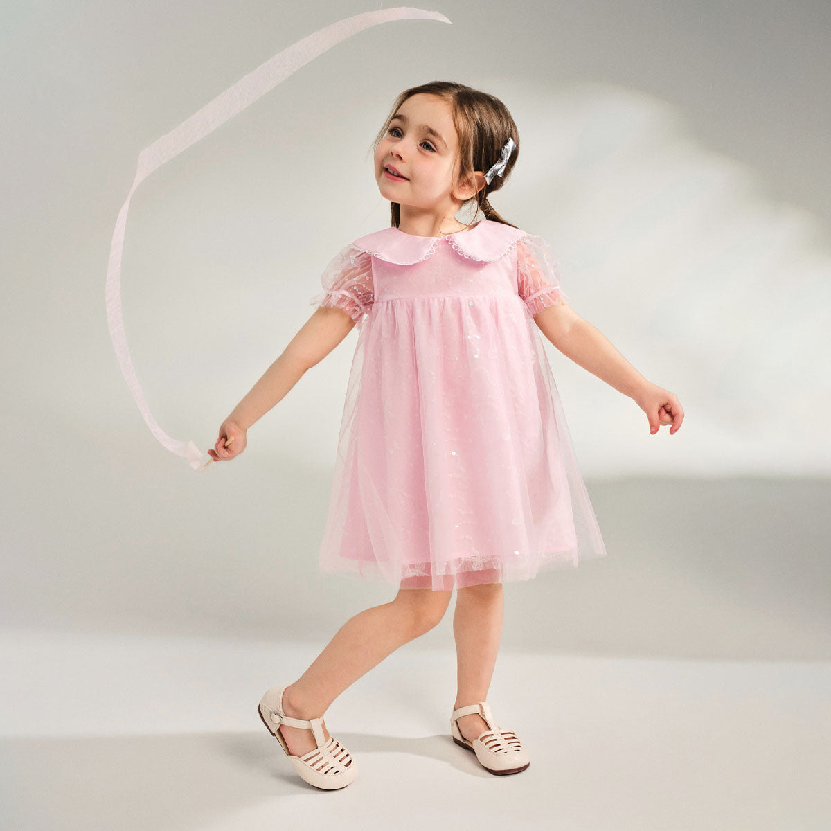 Sweet Lace Trim Tulle Peter Pan Collar Dress Pink Girl