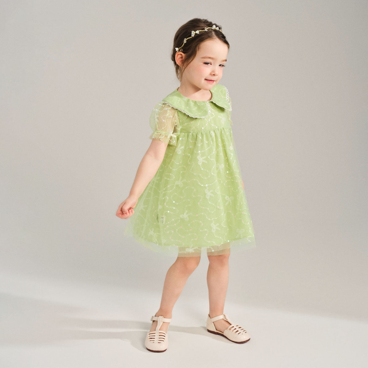 Sweet Lace Trim Tulle Peter Pan Collar Dress Green Girl