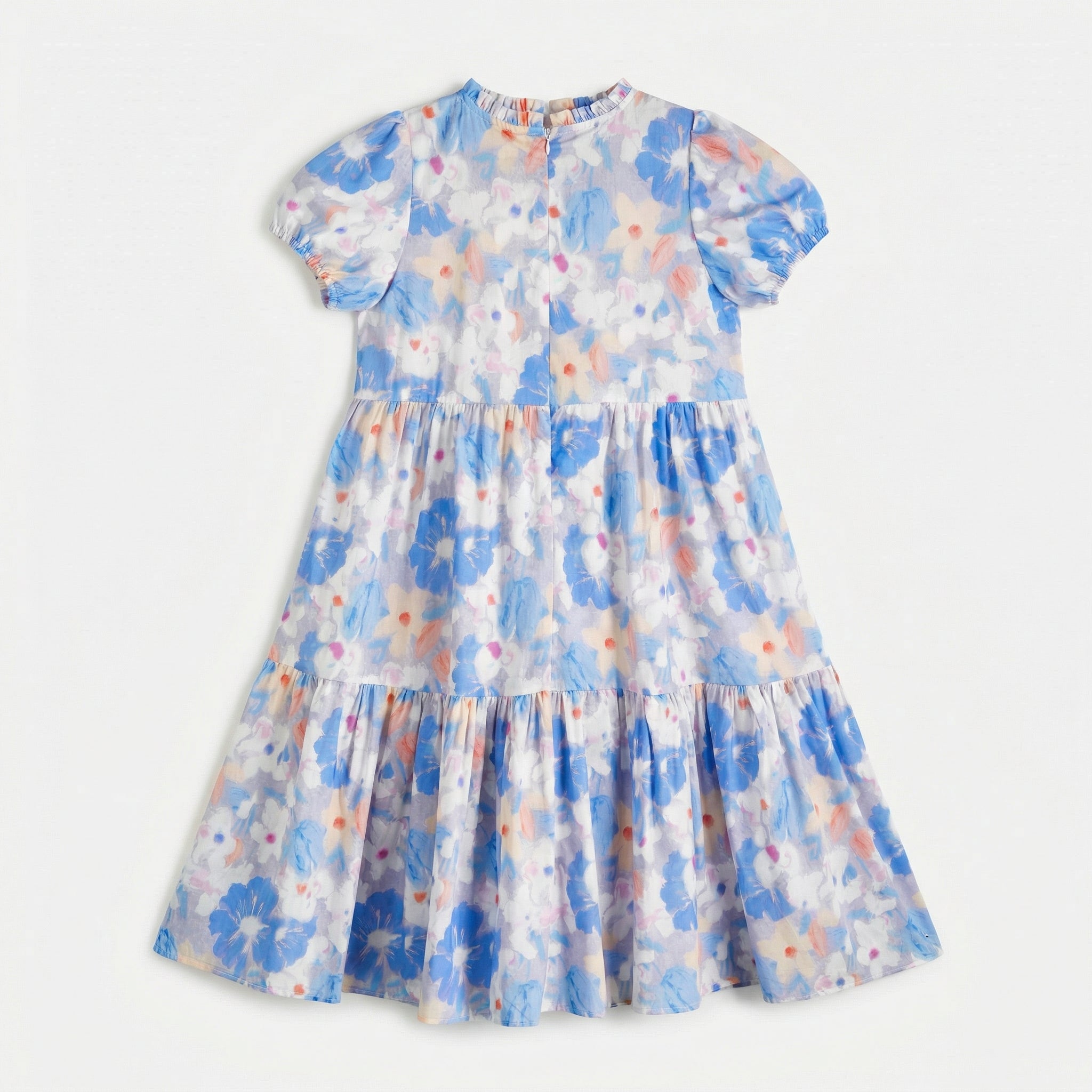 Floral Puff Short Sleeve Double Layer Dress Girl