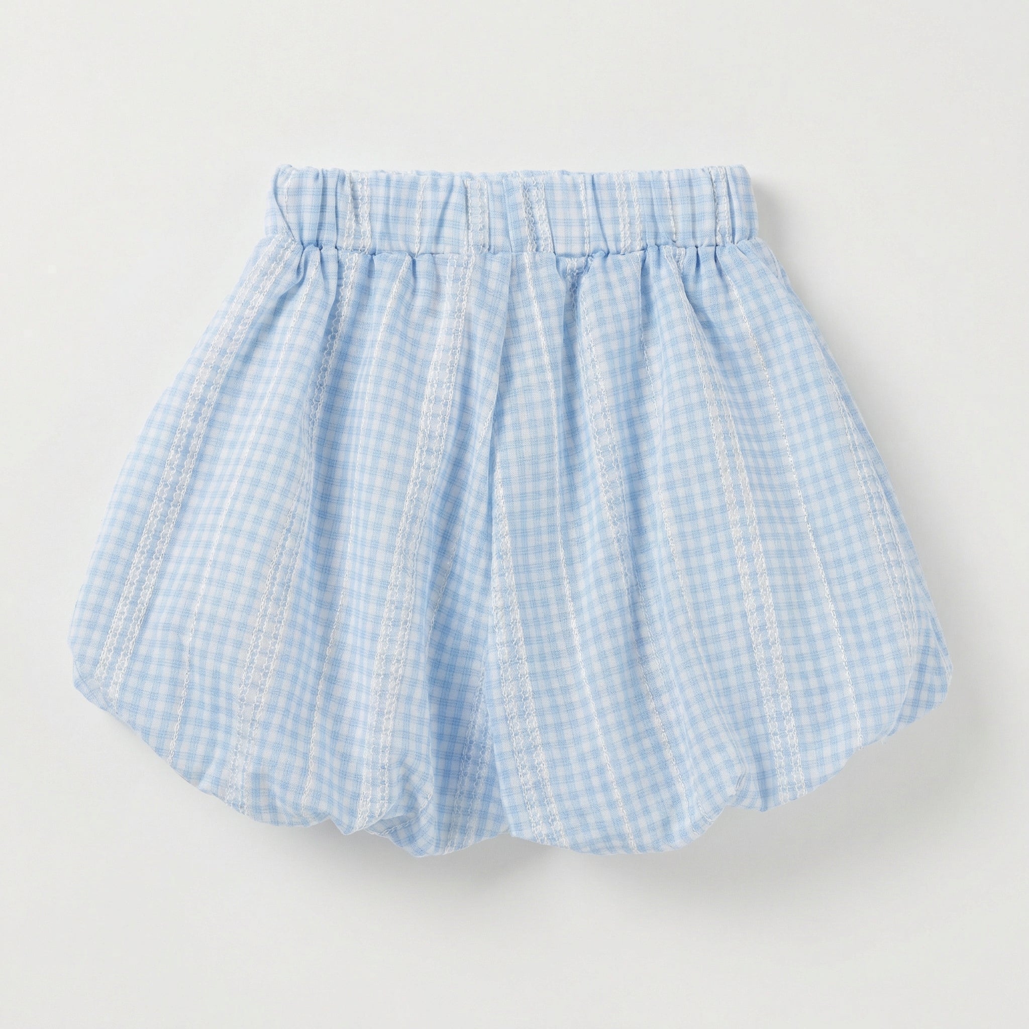 Bunny Print Short Sleeve Blue Plaid Bubble Suit Girl