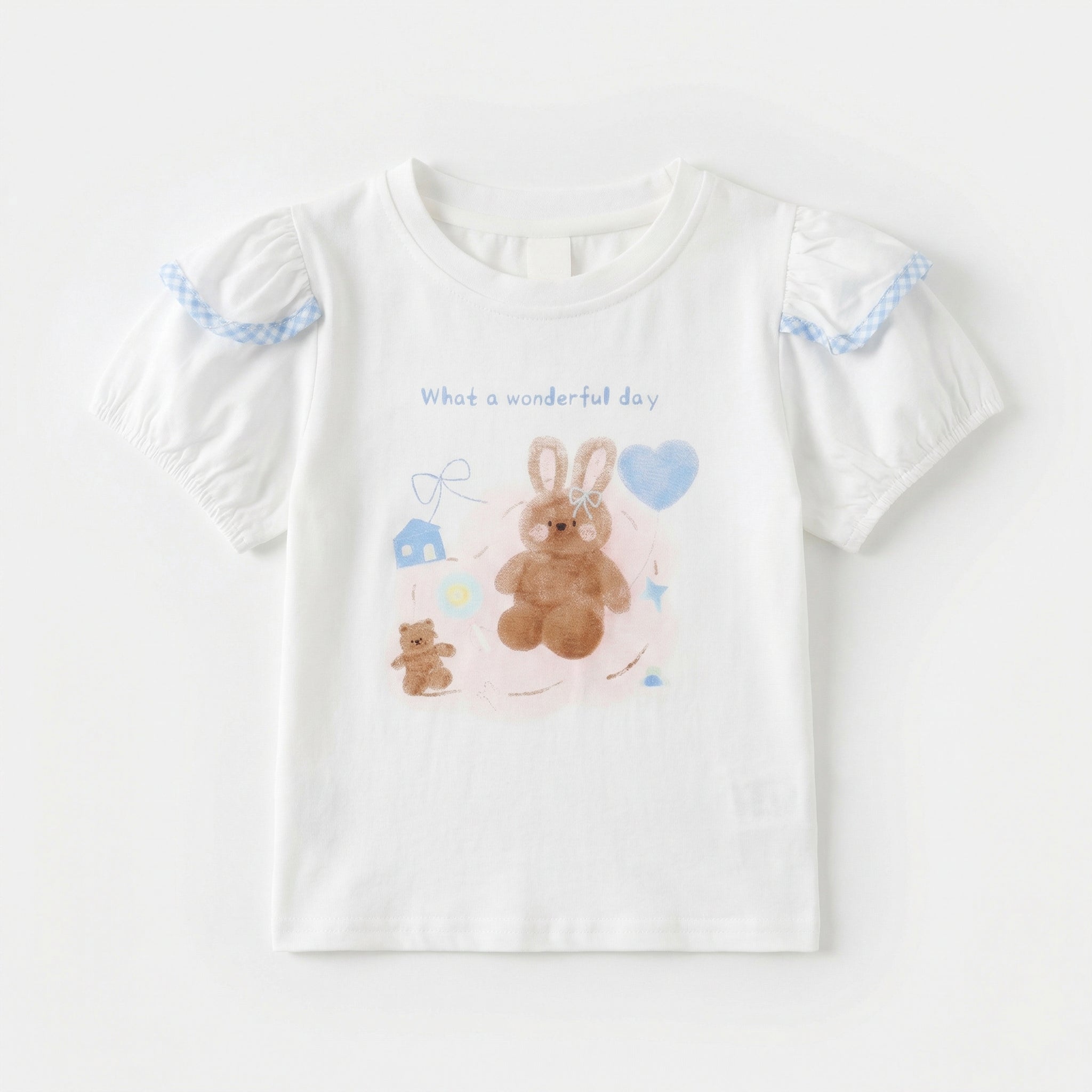 Bunny Print Short Sleeve Blue Plaid Bubble Suit Girl