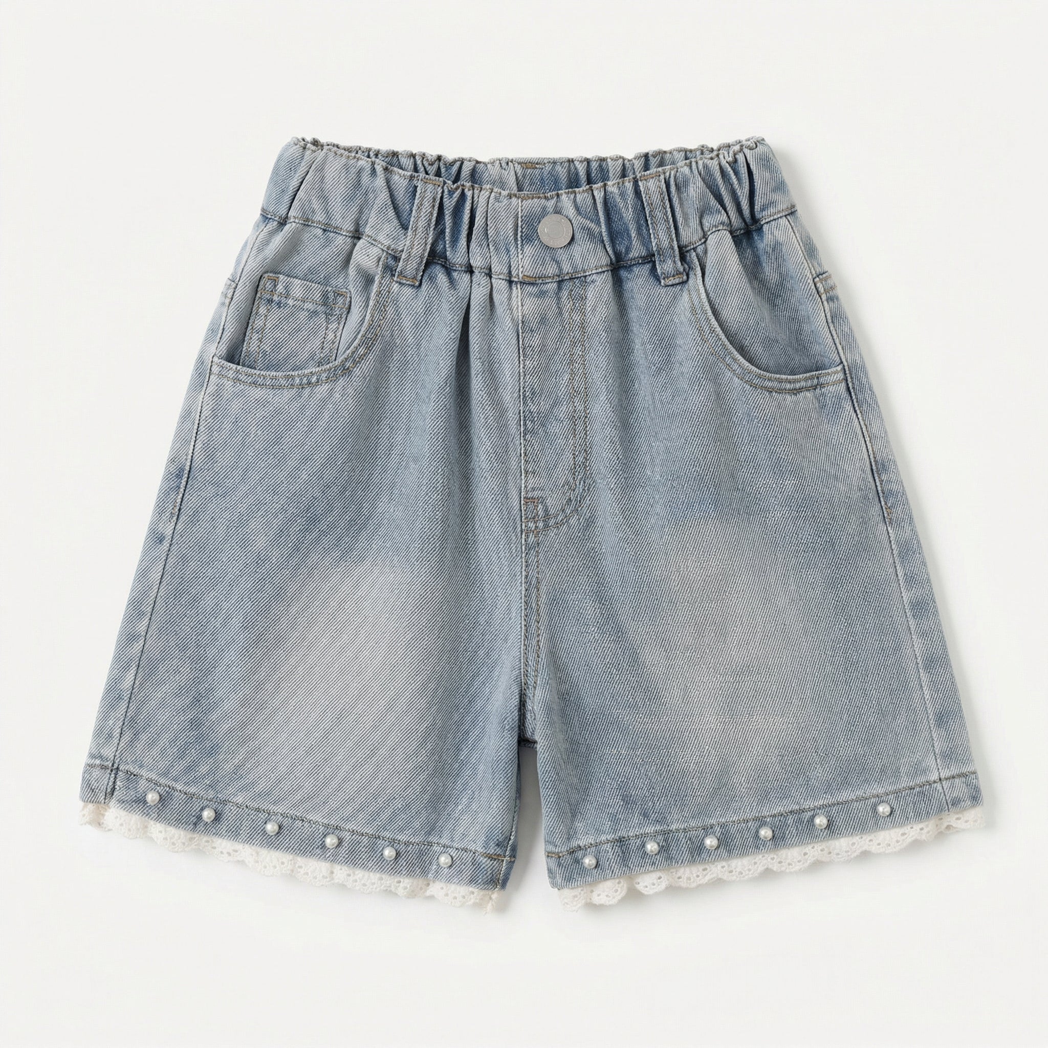 Beaded Lace Trim Denim Shorts Denim Girl