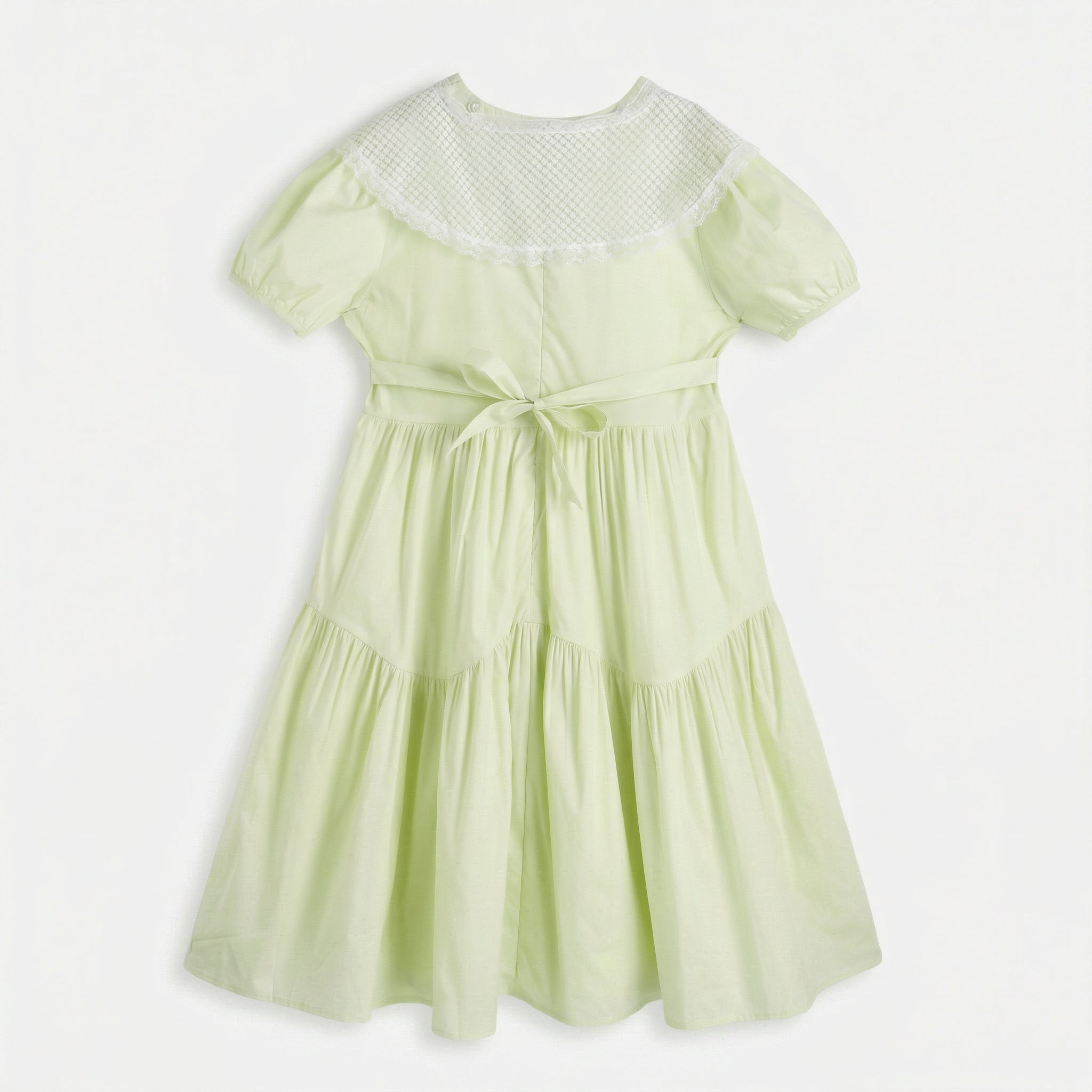 Short Sleeve Ribbon Tie Lace Collar A-line Dress Girl