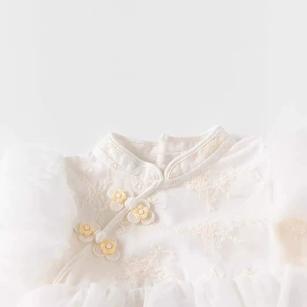 New Chinese Frog Button Lace Puff Sleeve Dress Girl