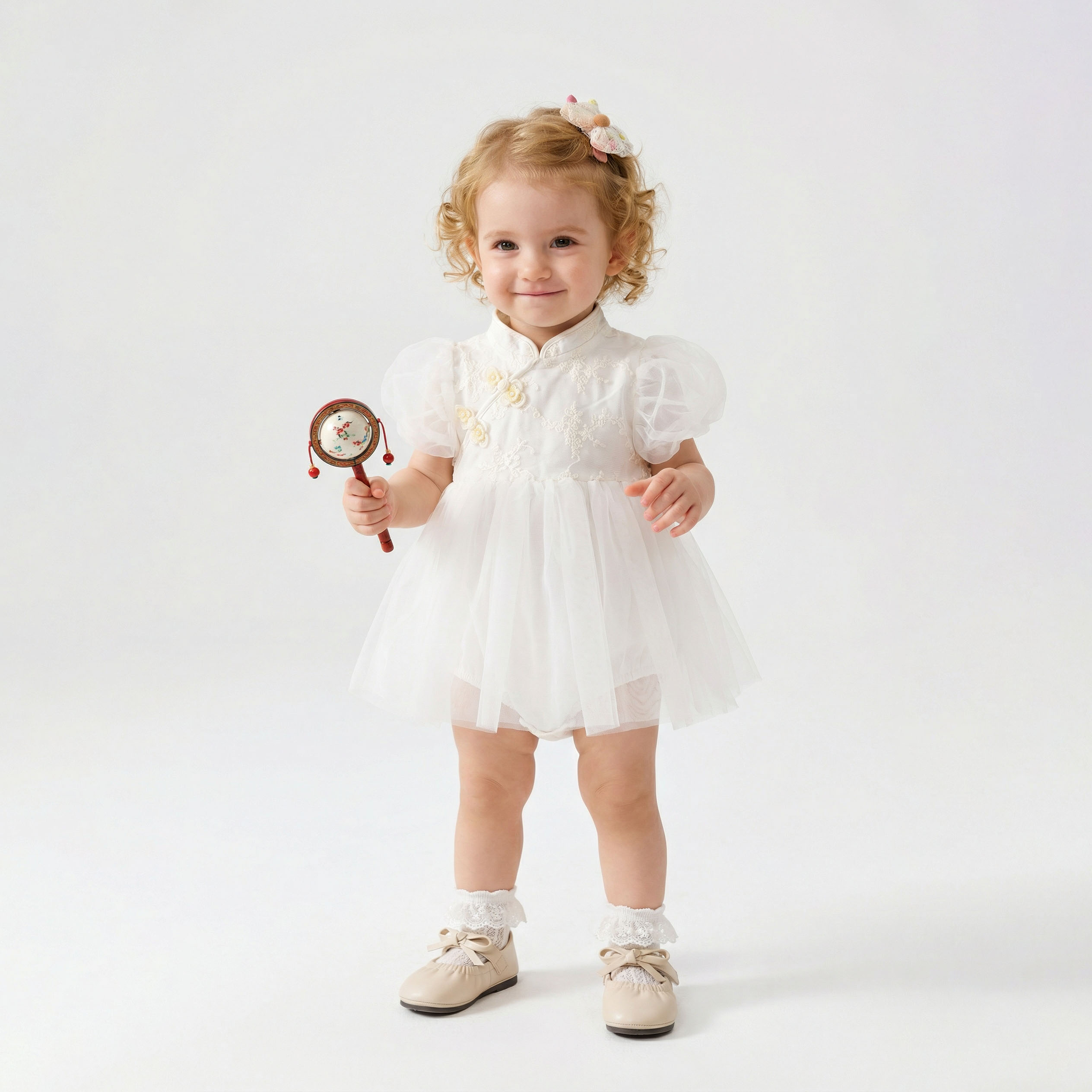 New Chinese Frog Button Lace Puff Sleeve Dress Girl