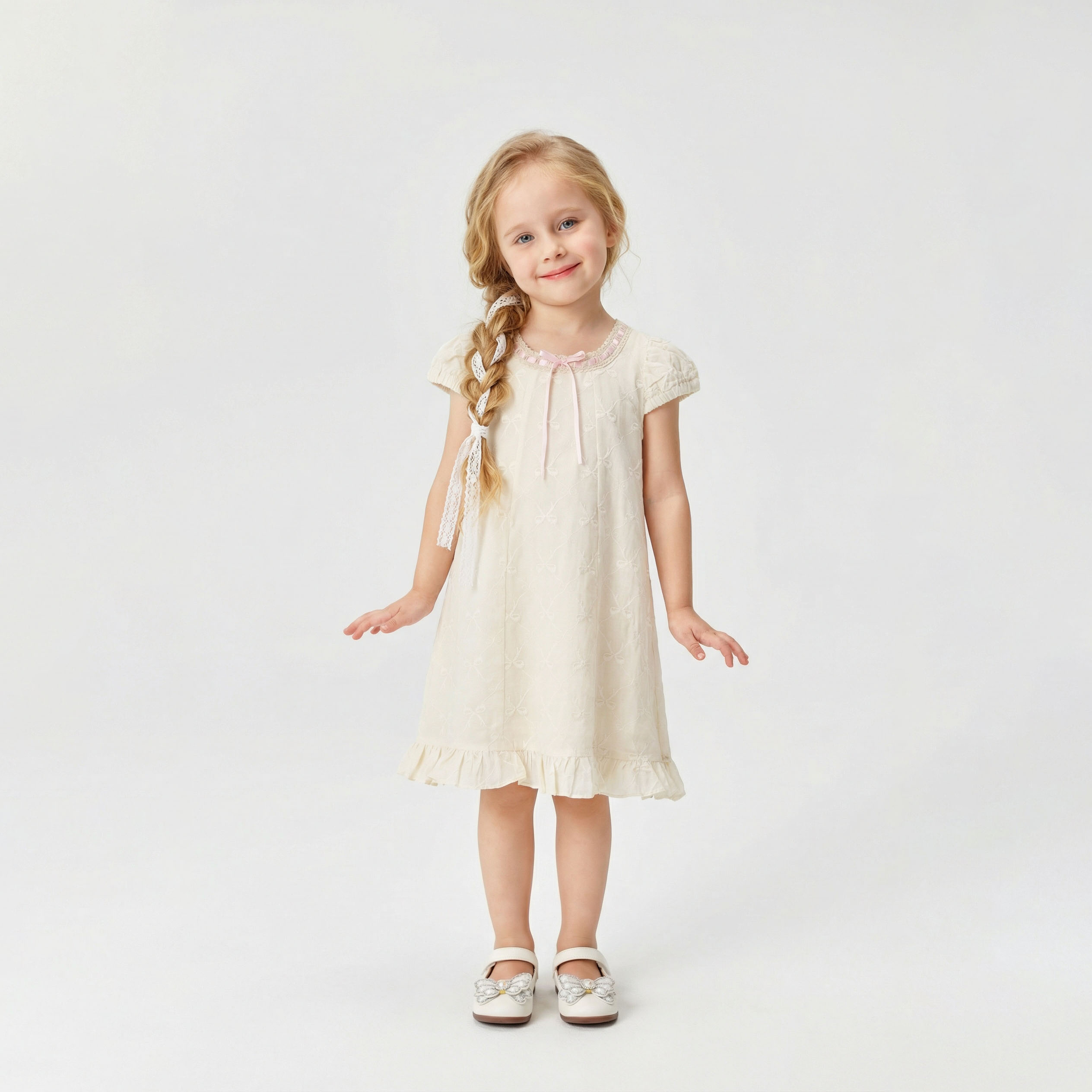 Embroidery Bow Collar Dress Girl