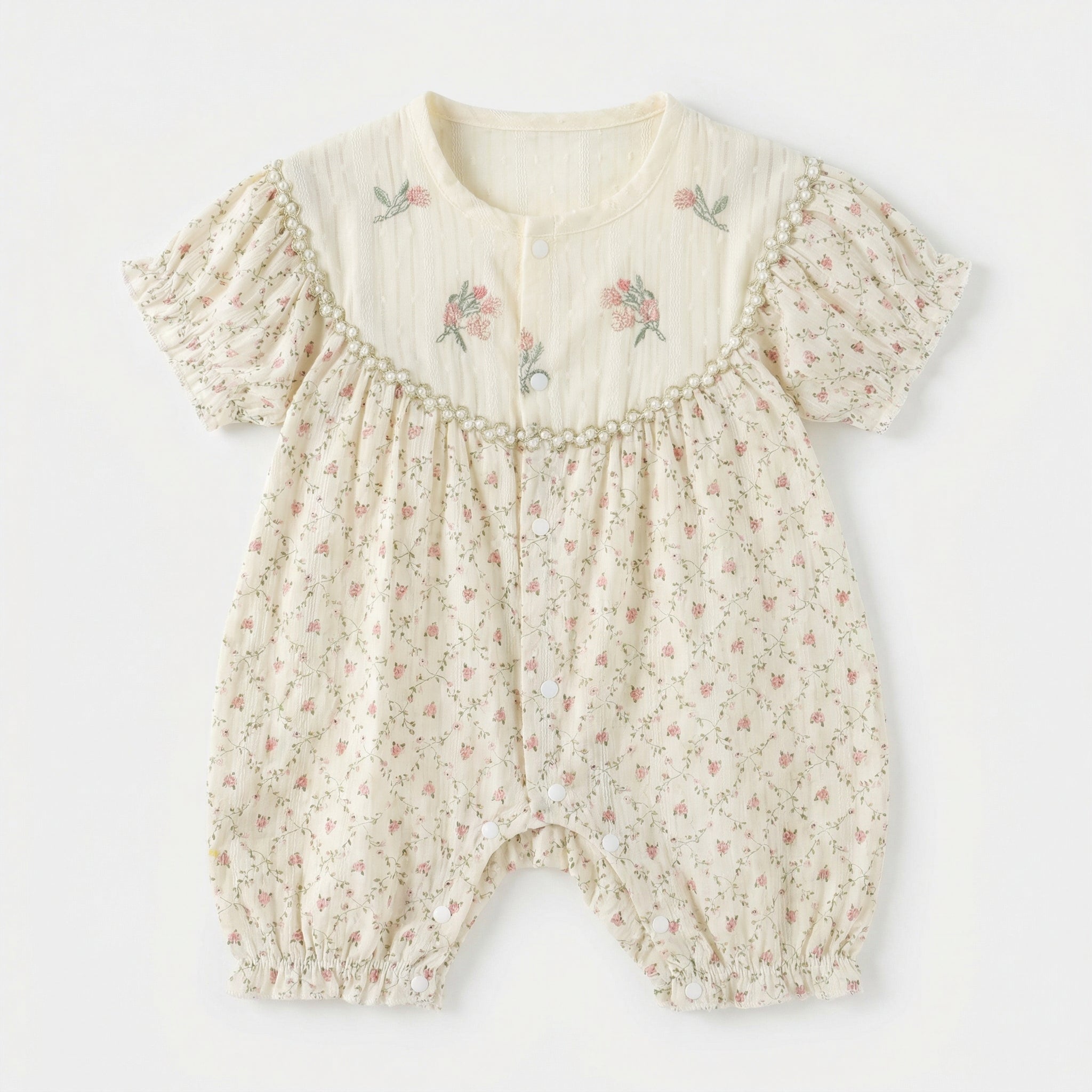 Round Neck Five-flower Embroidery Short Sleeve Jumpsuit Girl