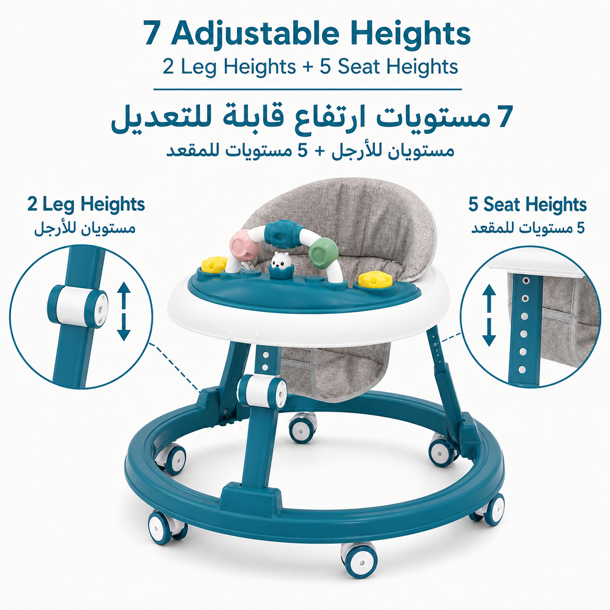 Foldable Baby Walker with Wheels, 7 Adjustable Heights & Removable Activity Tray
