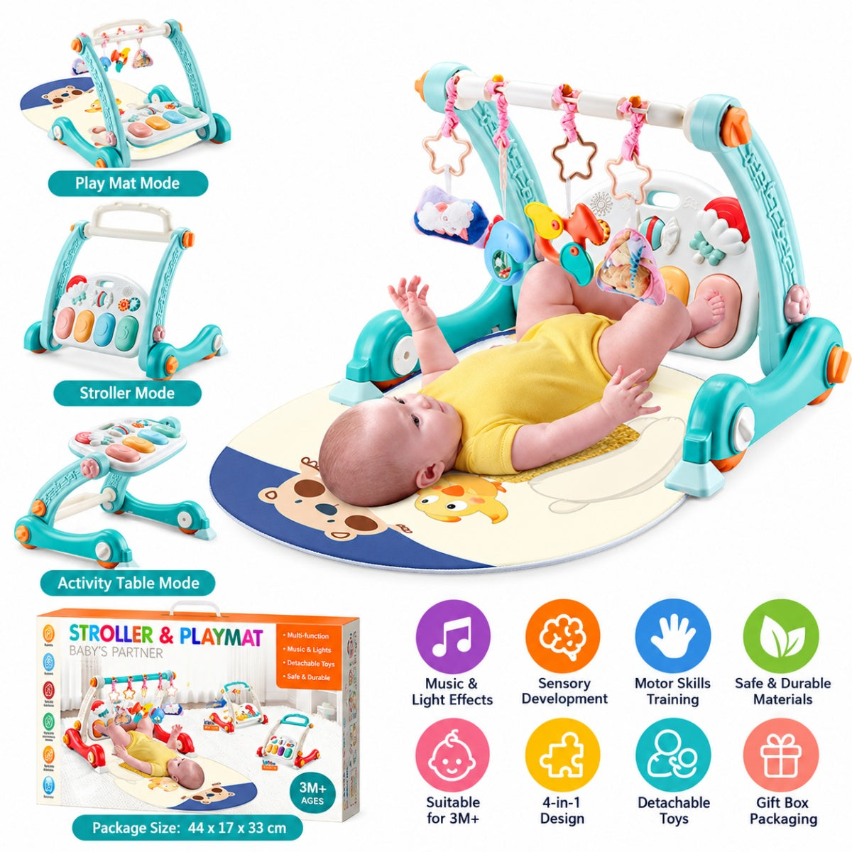 4-in-1 Musical Baby Gym Play Mat, Activity Table & Push Walker with Detachable Toys