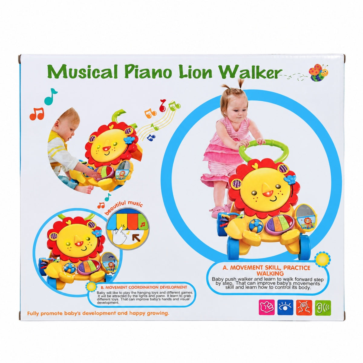 2-in-1 Musical Piano Lion Baby Push Walker with Interactive Activity Toys