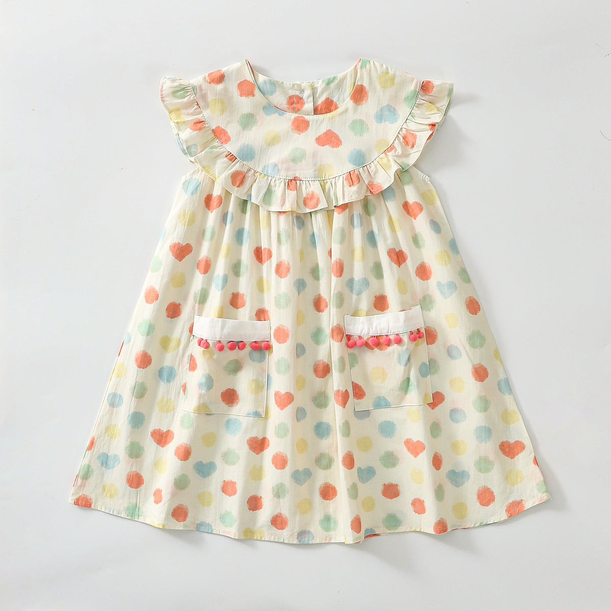 فستان بياقة دمية منقوش بنقاط ملونة على شكل ورقة لوتس