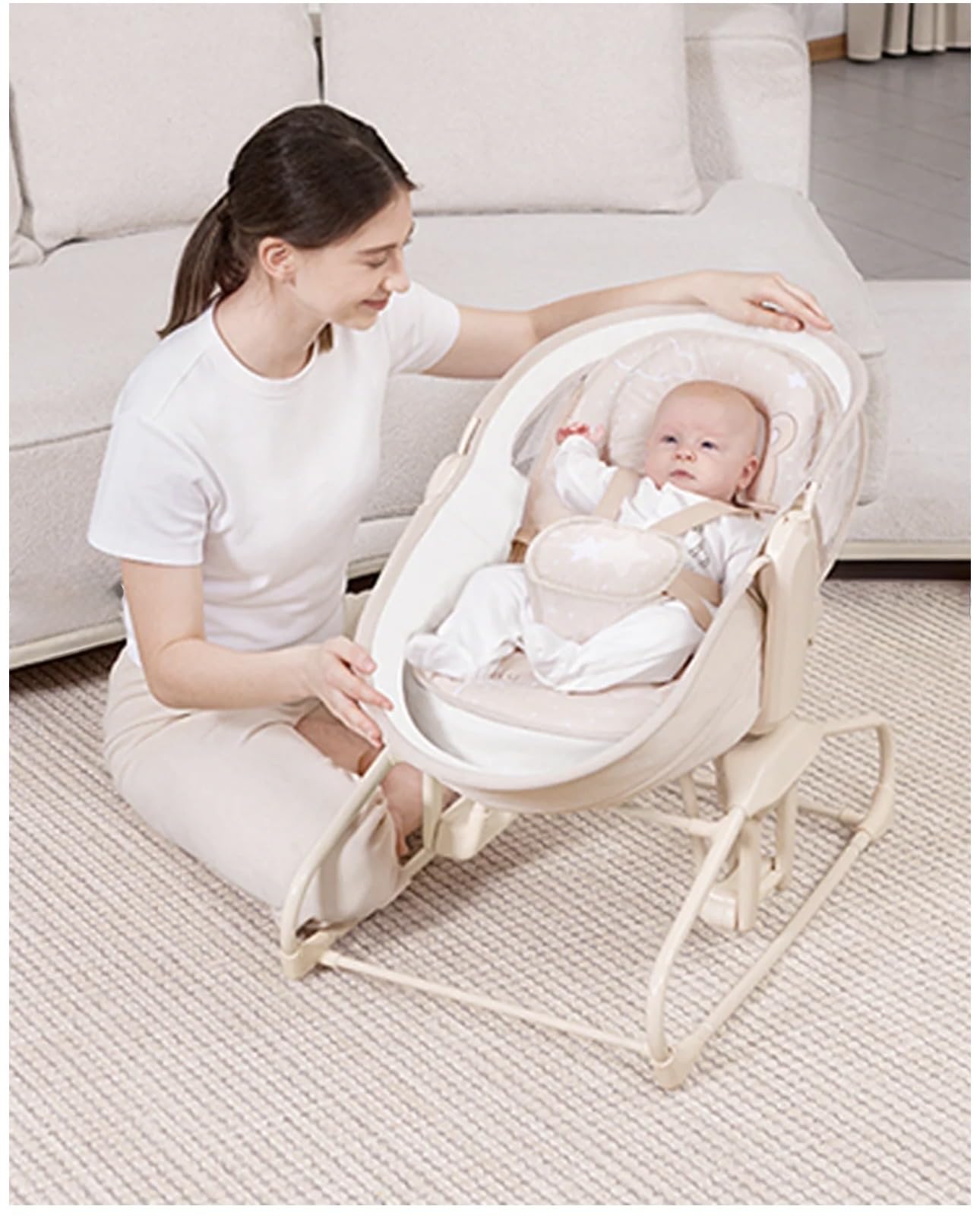Deluxe 4-in-1 Baby Swing & Bassinet with Music – Beige