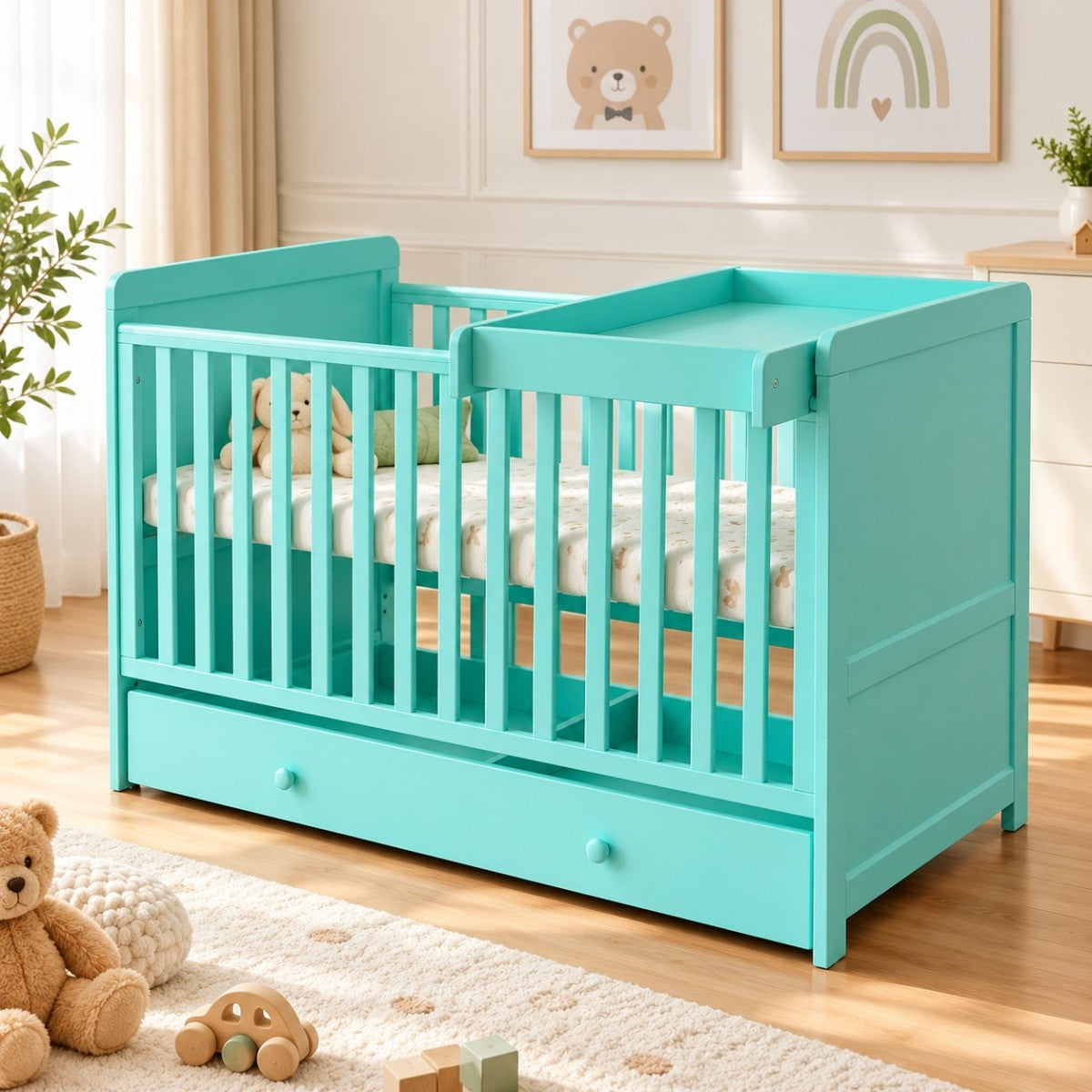 Hibobi 2-in-1 Convertible Baby Crib with Changing Table & Storage Drawer - Turquoise