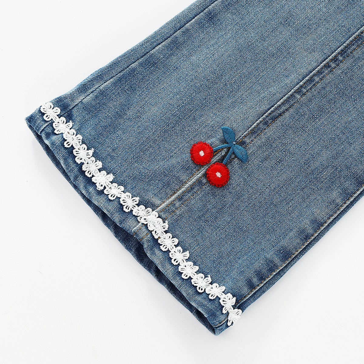 Cherry Embroidered Denim Pants