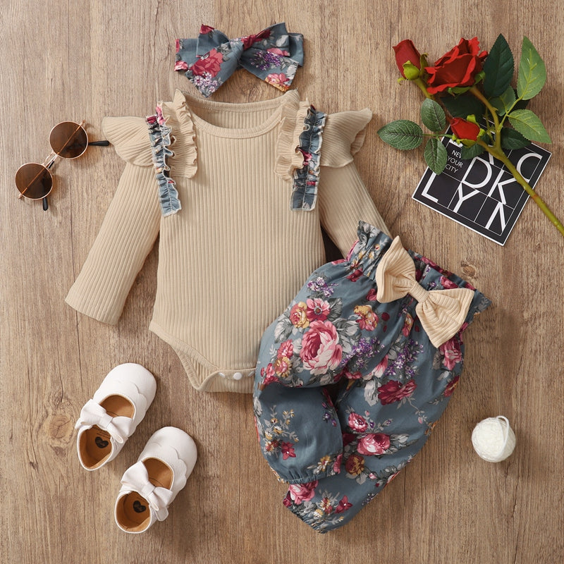 Baby Girl Ribbed Long Sleeve Bodysuit & Pants & Headband