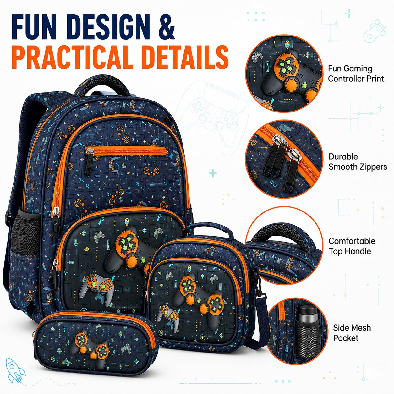Hibobi Gaming Backpack Set for Boys, 3-Piece School Bag Set with Backpack, Lunch Bag and Pencil Case - image 2