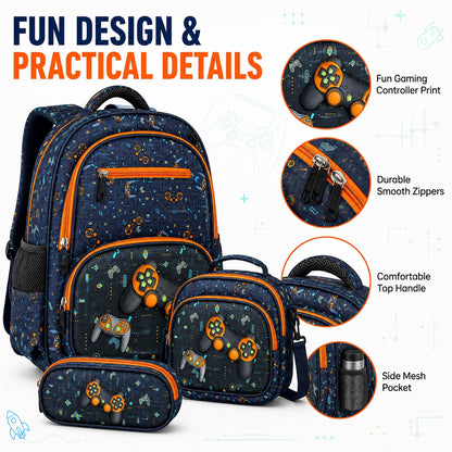 Hibobi Gaming Backpack Set for Boys, 3-Piece School Bag Set with Backpack, Lunch Bag and Pencil Case - image 2