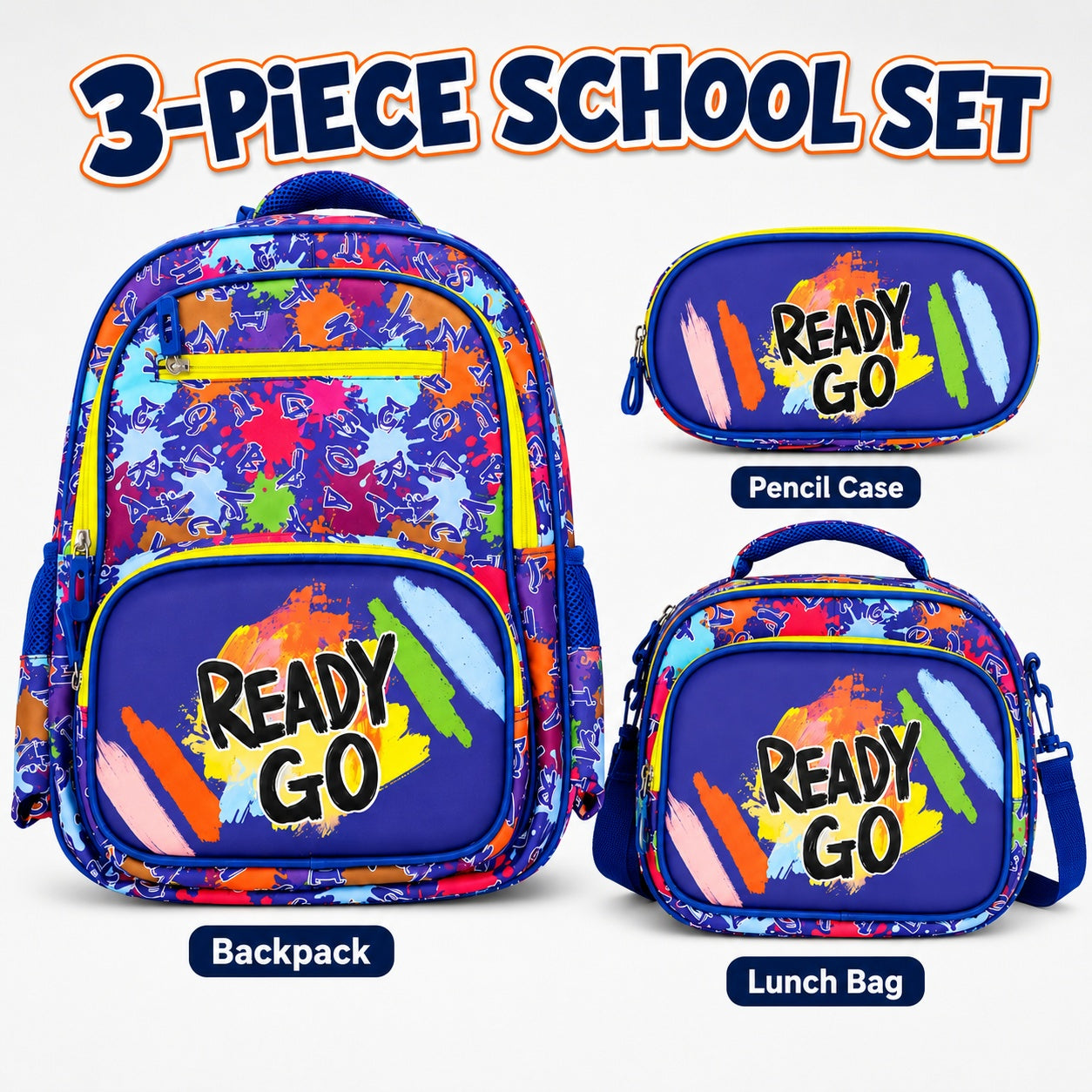 Hibobi Colorful Backpack Set, 3-Piece School Bag Set with Backpack, Lunch Bag and Pencil Case - image 2