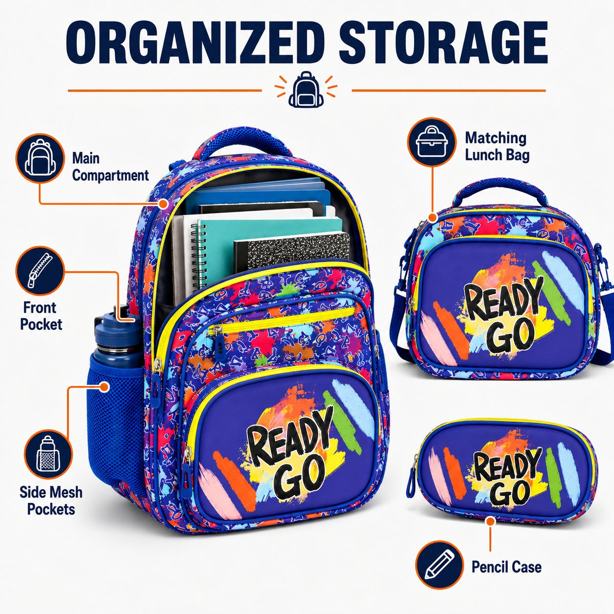 Hibobi Colorful Backpack Set, 3-Piece School Bag Set with Backpack, Lunch Bag and Pencil Case - image 3