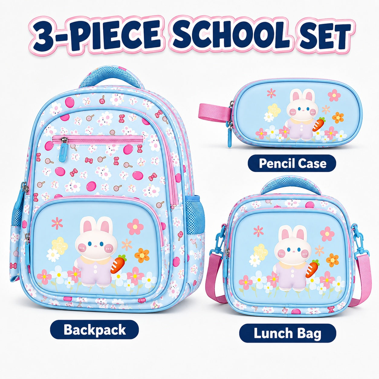 Hibobi Bunny Backpack Set for Girls, 3-Piece School Bag Set with Backpack, Lunch Bag and Pencil Case - image 2
