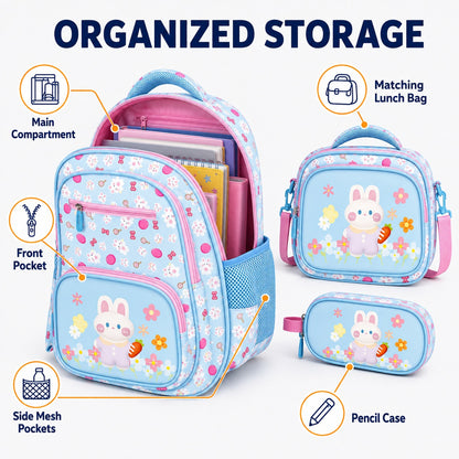 Hibobi Bunny Backpack Set for Girls, 3-Piece School Bag Set with Backpack, Lunch Bag and Pencil Case - image 3