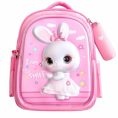 Hibobi Kids School Backpack with Matching Pencil Case, Cartoon Design and Multiple Compartments - Bunny - Pink