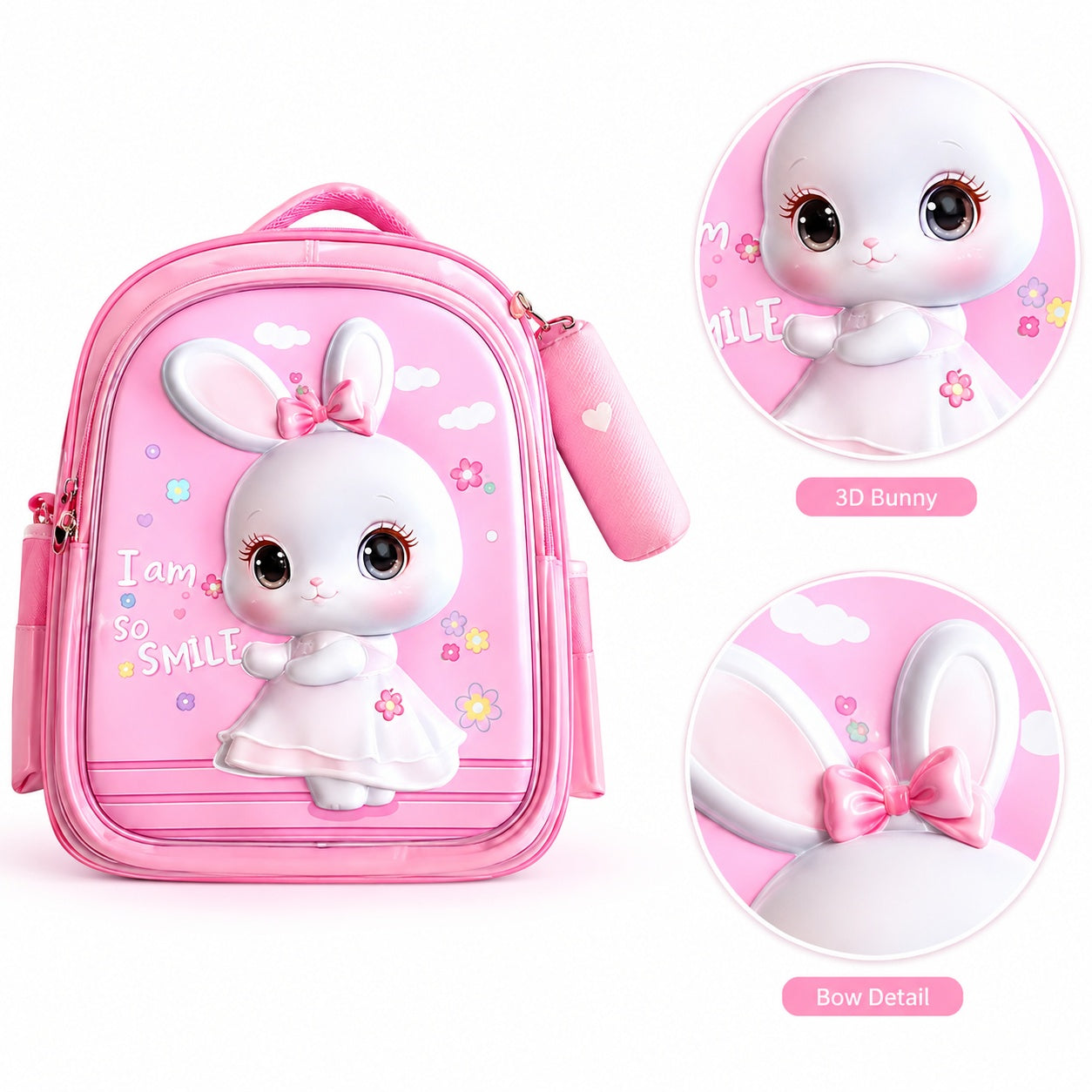 Hibobi Kids School Backpack with Matching Pencil Case, Cartoon Design and Multiple Compartments - Bunny - Pink
