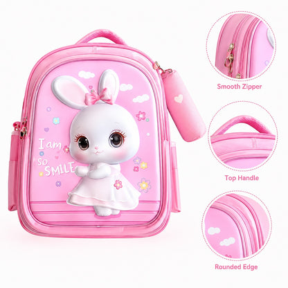 Hibobi Kids School Backpack with Matching Pencil Case, Cartoon Design and Multiple Compartments - Bunny - Pink